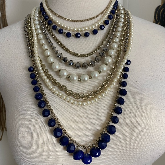 Offer?  AnnTaylor modern glamorous multi strand necklace chain pearl bold blue - Picture 5 of 10